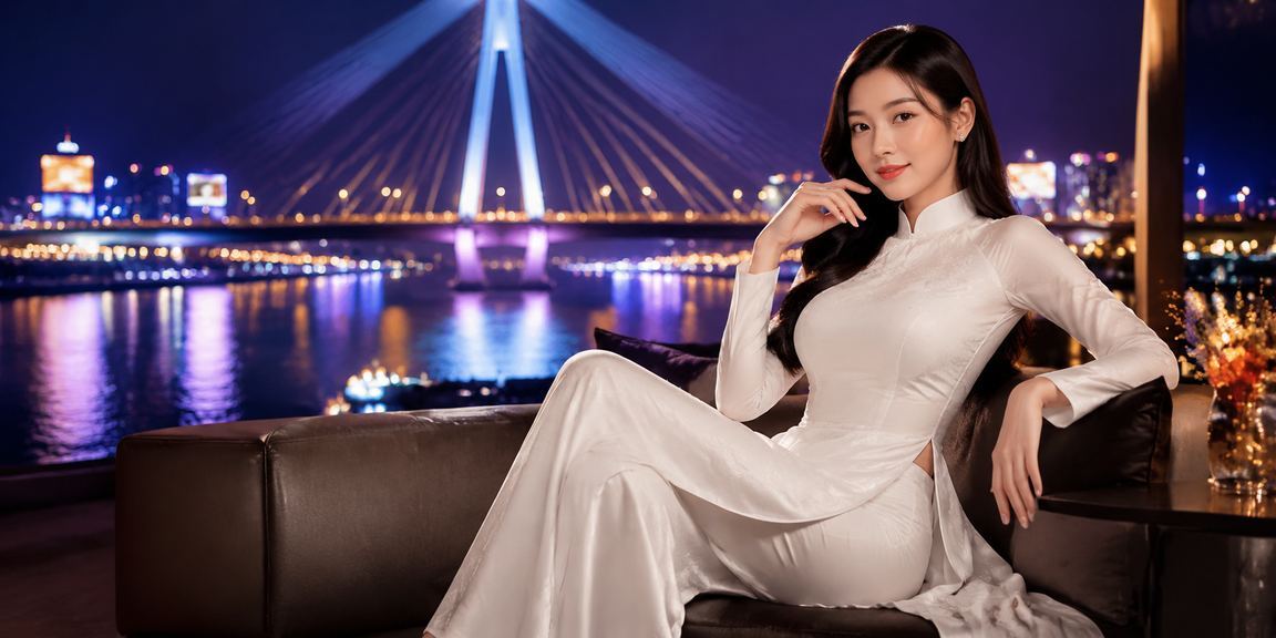 Người phụ nữ mặc áo dài tại Cần Thơ theo dõi kết quả cá cược trực tuyến trên điện thoại bên sông
