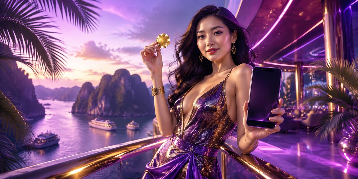 Người dùng Hạ Long trải nghiệm casino mobile trên ứng dụng alo88 với ánh đèn neon vịnh biển