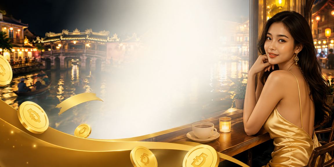 Người dùng tại Hội An uống cà phê và truy cập trang VIP bonus trên điện thoại trong không gian cổ kính