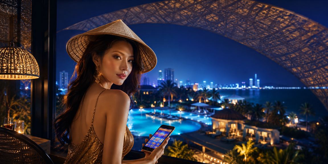 Người dùng Mũi Né đội nón lá truy cập casino betting trên điện thoại tại bãi biển
