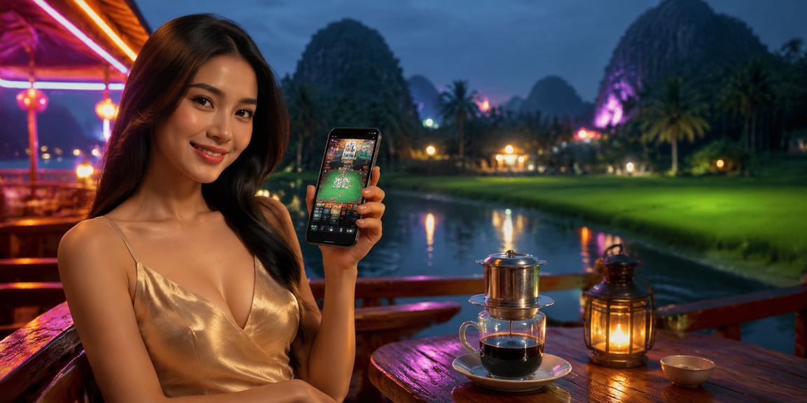 Người dùng Ninh Bình ngồi thưởng thức cà phê và mở ứng dụng casino mobile alo88